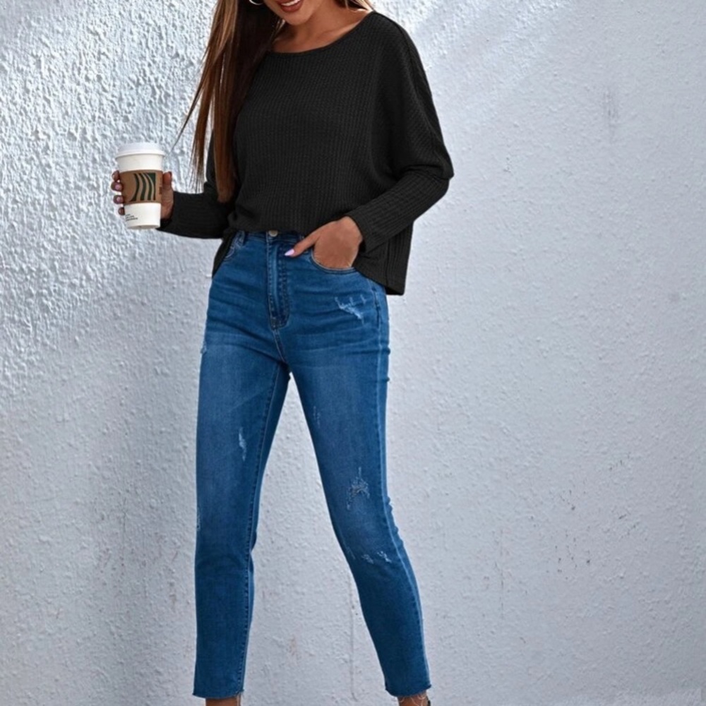 Drop Sleeve Waffle Knit Top Sweater Black - Picture 5 of 9